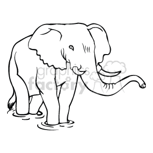 The clipart image shows a line art drawing of an elephant standing in water. It has its trunk outstretched 