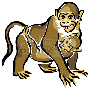 The image appears to be a cartoon-style clipart featuring two monkeys. One is a larger monkey that seems to be an adult—presumably the mother—holding a smaller monkey that is likely her baby comfortably on her back. Both the adult and the baby monkey are depicted smiling.