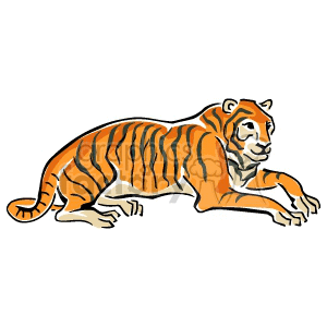 The clipart image contains a stylized illustration of a tiger in a resting position with its body turned to the side and its head facing the viewer.