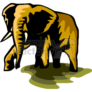 The image is a clipart of an elephant. It features a stylized representation of the animal, depicting its large body, tusks, ears, trunk, and legs. The elephant appears to be standing on what looks like a patch of green, perhaps indicating grass or just to highlight the figure. The artwork uses bold outlines and shades of brown and yellow to define the elephant's shape and give it a three-dimensional effect.