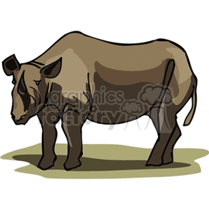 This clipart image depicts a stylized cartoon of a rhinoceros. The rhino appears to be standing in a profile view with a slightly exaggerated form, featuring its distinct horn and thick-skinned body. It is cast in shades of brown, with highlights and shadows giving it depth and a three-dimensional appearance.