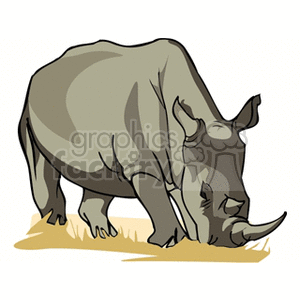 The image is a clipart illustration of a single rhinoceros grazing. The rhino is depicted in profile, with details such as the two horns on its snout and the distinct skin folds that are characteristic of these animals. It appears to be an African rhinoceros due to the shape of its horns and the context of the keywords provided.