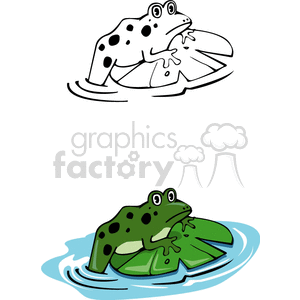 The clipart image features two frogs on lily pads. The top portion of the image is a black and white line drawing of a frog with visible spots, sitting on a lily pad. The bottom portion shows a colored version, with the frog in green with black spots and the lily pad in shades of green, all against a backdrop of blue water.