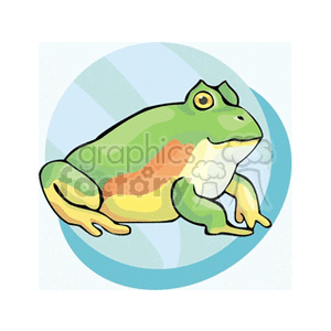 This clipart image features a stylized cartoon frog with visible legs, sitting in profile against a circular background with a light blue and white striped pattern.