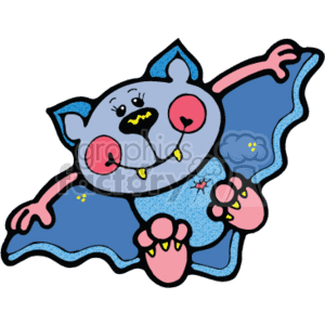 The clipart image shows a cartoon-style bat with a blue face, darker blue wings, pointy ears, sharp teeth, and spread out wings. It has red cheeks which make it look less intimidating 