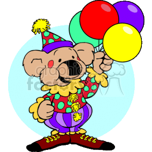 The clipart image shows a cute grey and white koala bear dressed as a clown. It has bright clothing on and a hat, and is holding 4 ballons in green, red, yellow and purple.