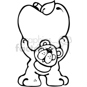 This is a black and white drawing of a bear holding a large apple. The bear has big round eyes, a small nose, and a big smile on its face.