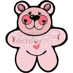 A cheerful pink teddy bear is depicted, with a large black heart acting as its nose. The bear is sitting up, with its arms and legs outstretched, looking out at the viewer with a big smile.