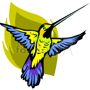   The clipart image shows a vividly colored hummingbird in what appears to be mid-flight. The bird has shades of yellow on its belly, transitioning into green on its back and head, with blue and purple highlighted feathers at the tips of its wings and tail. The hummingbird
