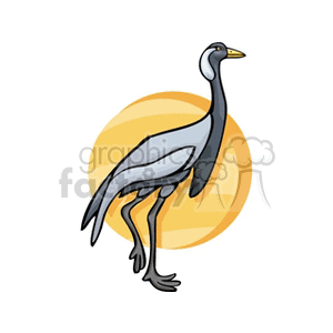 Clipart image of a crane bird standing in front of a yellow circle.