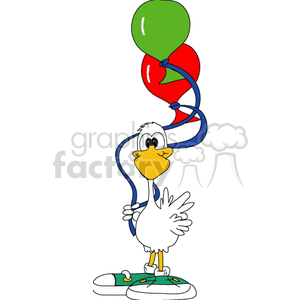 Clipart of a cartoon white bird with yellow beak and legs, wearing green shoes, holding 2 balloons (red and green) with blue strings.