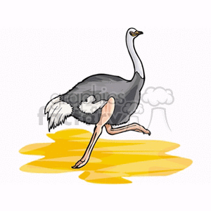 Clipart image of an ostrich running in a yellow sandy area.