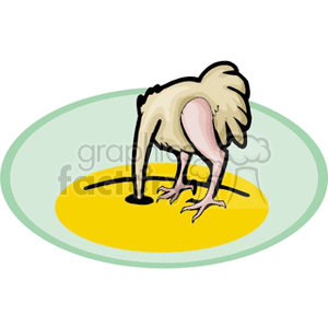 Clipart image of an ostrich with its head buried in the ground, set within a circular background.