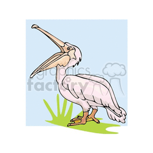 A clipart image of a pelican with an open beak standing on grass.