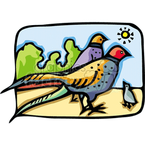 A colorful clipart image of three birds standing on the ground under the sun, with trees in the background.