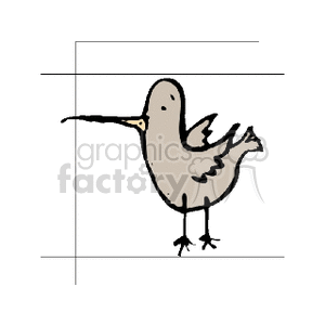 A simple clipart image of a brown bird with a long beak and thin legs, standing on a white background.