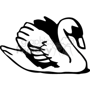 A black and white clipart illustration of a swan with its wings partially raised.