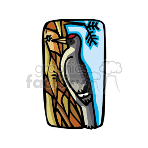 Clipart image of a woodpecker on a tree with a blue sky background.