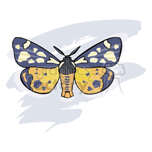 The clipart image displays a colorful butterfly with its wings spread open. The wings are predominantly yellow with black, white, and blue speckled patterns. The butterfly's body is segmented and shows a gradation from yellow to black, with a pair of antenna on top of its head.