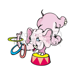 The clipart image depicts a cartoon elephant performing a circus act. The elephant is standing on a colorful circus pedestal and is juggling three hoops with its trunk. The elephant appears to be smiling and is colored in shades of pink.