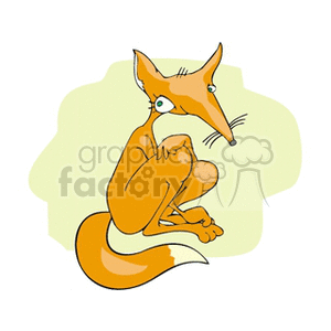 The image is a simple illustration of a single cartoon fox. The fox is depicted in a stylized manner, with exaggerated features such as large eyes and ears, and a long, bushy tail. It appears to be sitting with its front paws raised slightly off the ground, as if in a thoughtful or curious pose.