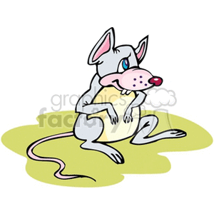 The clipart image features an illustration of a cartoon mouse. This mouse is depicted in a simplified and stylized manner, common to cartoon representations. The mouse has a grey and white body, large ears, a pink nose, and a long tail. It appears to be sitting on a yellowish surface.