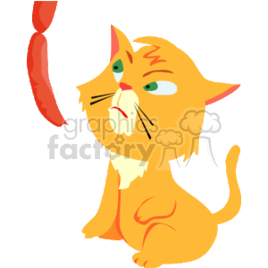 In this clipart image, there is a cartoon of an orange cat with green eyes, sitting and looking longingly at a hanging sausage. The cat has a slight frown and whiskers, and appears to be eager or hungry for the sausage.
