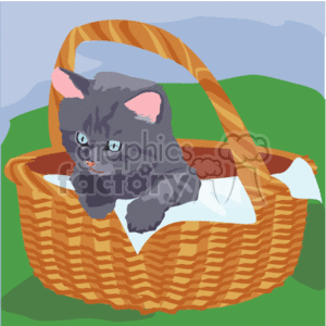   The image is a clipart illustration featuring a cute gray kitten inside a woven basket. The kitten has striking pink inner ears and a soft-looking fur coat. Its expressive eyes and little pink nose add to its playful and adorable appearance. The basket looks sturdy with a solid handle, and it