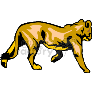 The clipart image depicts a stylized illustration of a lioness. The image features the lioness in profile, characterized by the absence of a mane, which is typical of female lions. The colors used are shades of yellow and black, highlighting the animal's muscular build and feline features.