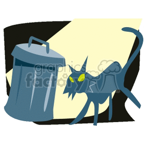 The clipart image displays a stylized blue cat with prominent yellow eyes, standing next to a gray garbage can. The background suggests an alleyway scene, with a dimly lit wall casting a pale yellow light.