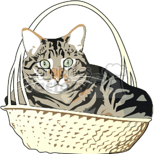 The image contains a clipart representation of a tabby cat sitting comfortably inside a woven basket. The cat features distinctive tabby markings with stripes over a multicolored fur pattern, and it has a pair of green eyes looking forward.