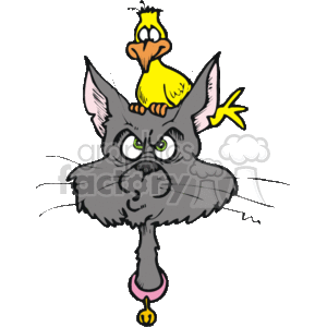   The clipart image depicts a humorous scene involving pets: a cat with a grumpy expression and a small bird perched on top of its head. The cat