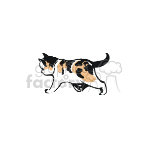 The clipart image shows a calico cat in a stylized form. Calico refers to a cat with a tri-color coat pattern typically comprising shades of white, black, and orange. This particular image uses black outlines to define the form of the cat and uses patches of black and tan to represent the typical calico coloring. The cat appears to be in a walking or moving position.
