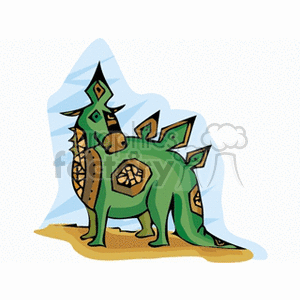 The clipart image depicts a cartoon dinosaur with a whimsical design, featuring distinctive geometric patterns on its back. The dinosaur appears to be a stylized stegosaurus, given the prominent plates along its spine.