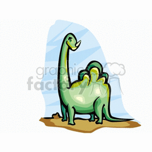 The clipart image shows a cartoon of a cheerful green dinosaur with a long neck standing on a patch of ground. The dinosaur resembles a sauropod, which is a type of herbivorous dinosaur characterized by their long necks and tails. The background appears to have a simple representation of a blue sky, indicating the outdoor setting. The style is simple and child-friendly, with bold outlines and simple shapes.