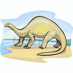 The clipart image features a stylized representation of a dinosaur. It appears to be a sauropod type dinosaur, characterized by its long neck, long tail, and large, bulky body. The dinosaur is standing on a sandy area, possibly a beach, with water and a hint of landscape in the background.