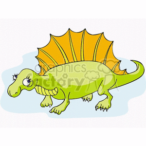 The clipart image features a cartoon depiction of a green dinosaur. It has a friendly appearance with a broad smile and large, batting eyelashes. The dinosaur has a spiky orange spine running along its back.