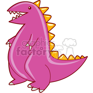 The clipart image features a stylized cartoon representation of a dinosaur. It has a friendly or funny appearance with a bright pink color scheme and yellow spikes running down its back. The dinosaur is standing upright on its hind legs and has a simple face with a smiling mouth full of white teeth.