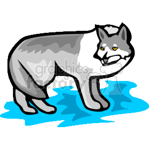 The clipart image shows a side-facing view of a wolf, with grayish-brown fur, pointed ears, and bright yellow eyes. It is standing on all fours, with its head slightly tilted upward.