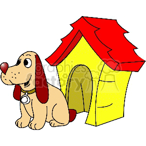 The image is a clipart featuring a cartoon dog sitting next to a yellow doghouse with a red roof. The dog appears to be smiling and has a collar around its neck.