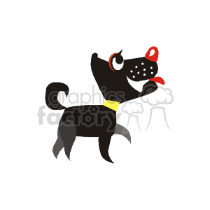 This is a clipart image of a stylized dog. It appears cartoonish with exaggerated features such as a large, red nose and a wide, happy smile. The dog is black with a white spot over one eye and on the muzzle, sporting a yellow collar. Its tail is curved upwards, suggesting a cheerful disposition.