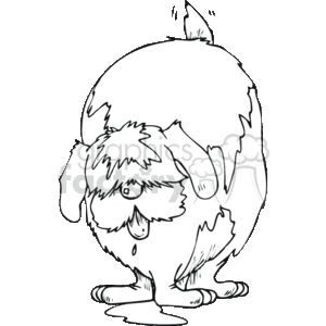 The clipart image shows a cartoon of a dog, specifically illustrated in a black-and-white line art style. The dog appears to be wet, with a puddle of water on the floor, with a large, fluffy tail sticking up in the air wagging. This image captures a dog in a playful or curious pose, a common behavior for pets.