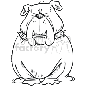 The image depicts a black and white line drawing of a bulldog. The dog appears to be a cartoon representation, stylized with exaggerated features such as a large head, a prominent underbite with two teeth visible, and a studded collar. 