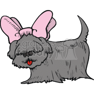 The image is a clipart of a dog wearing a pink bow on its head. The dog is a shaggy breed with a gray coat and has a small red tongue visible, giving it a playful look.