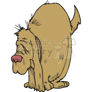 This is a clipart image of a dog that appears to be overweight and maybe older, given the sagging skin and subdued posture. The dog is light brown with a darker brown shading around the face and tail. The dog's eyes are closed, and it has a floppy ear while its tongue is slightly hanging out of its mouth. The tail is up and has a bit of a fluff on it. There are a few spots depicted on its back and rear, suggesting either a pattern in the fur or possibly old age spots.