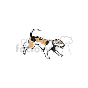 The image is a clipart of a dog. It is a stylized depiction, showing the animal in a dynamic pose with its legs extended, as if it is running or in motion. The dog appears to be a medium to large breed based on its body shape and size, with a short coat and distinct patches of color on its fur.