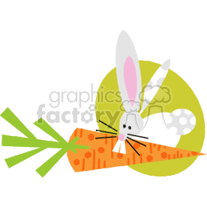 The clipart image features a stylized representation of a white rabbit or bunny with pink ears and a pink nose. The rabbit is holding a large, orange carrot with green tops. There is a green and yellow circular background, which may suggest a simplistic representation of a farm or outdoor setting. The overall theme of the image could be associated with Easter due to the rabbit, which is an animal commonly linked with the holiday. The image appears child-friendly and suitable for festive or educational purposes.
