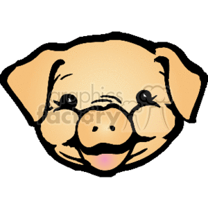 The image is a simple cartoon or clipart depiction of a pig's head, often associated with a farm setting. It features a smiling pig with prominent ears and a snout, and it appears friendly and approachable. This is typical of illustrations used in educational materials, children's books, or farm-related branding and designs.