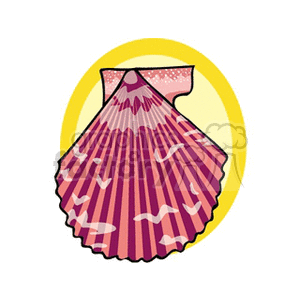 The image is a stylized illustration of a scallop seashell. The shell appears vibrant with alternating stripes and patterns, displayed in front of a round, yellow background that could represent the sun.