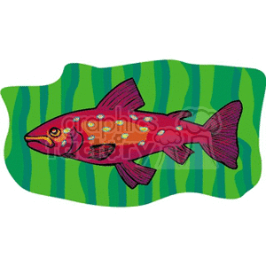 This clipart image depicts a stylized fish with a red and purple color scheme and yellow spots, set against a background with green wavy lines, which may represent water.